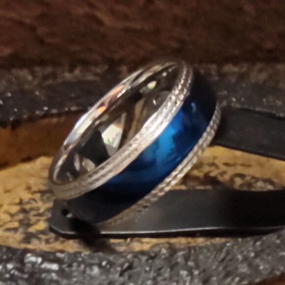 Men's Blue Domed Xband  Promise Ring Band - Guys Promise Ring Blue and Silver - Picture 3 of 8